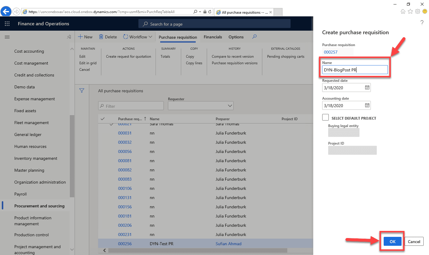 Purchase Requisition Dynamics 365 Step 5