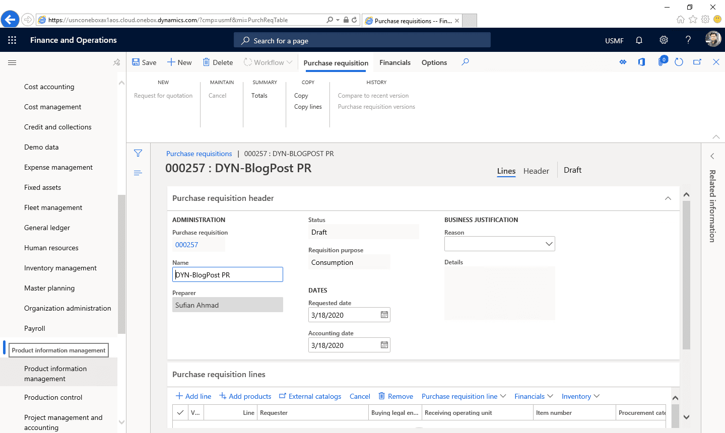 Purchase Requisition Dynamics 365 Step 6