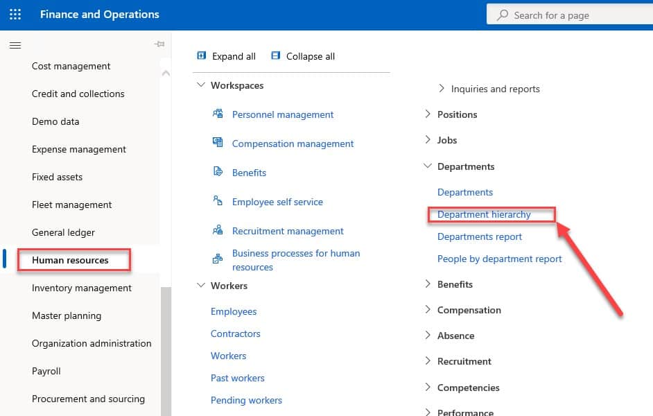 Create a department and hierarchy in Dynamics 365