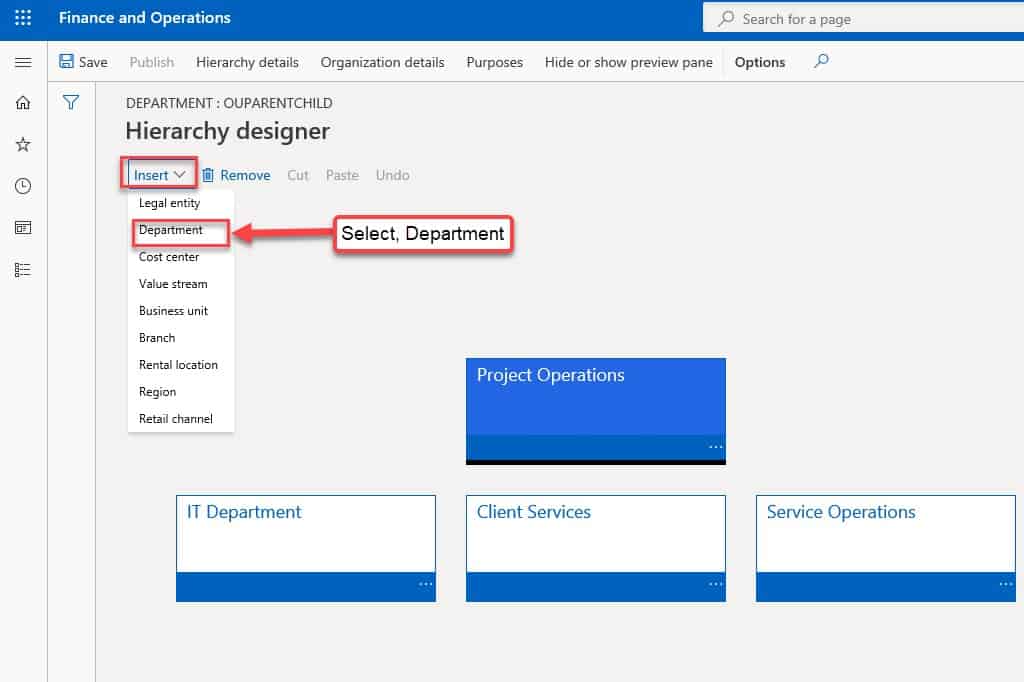 Create a department and hierarchy (select) Dynamics 365