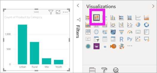 Screenshot of the Visualizations pane with the Stacked column chart icon called out.