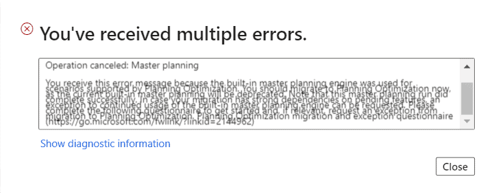 Screenshot Showing the Master Planning Error
