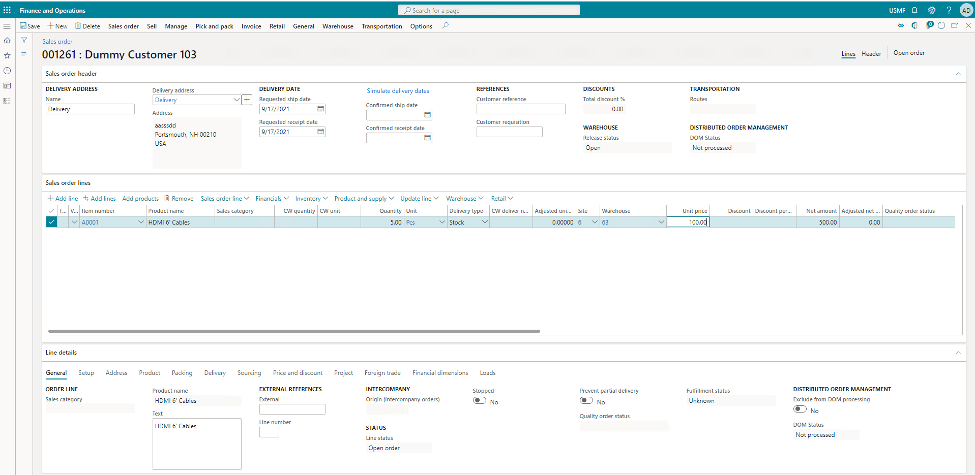 Add the item in the Sales order lines - transportation management system