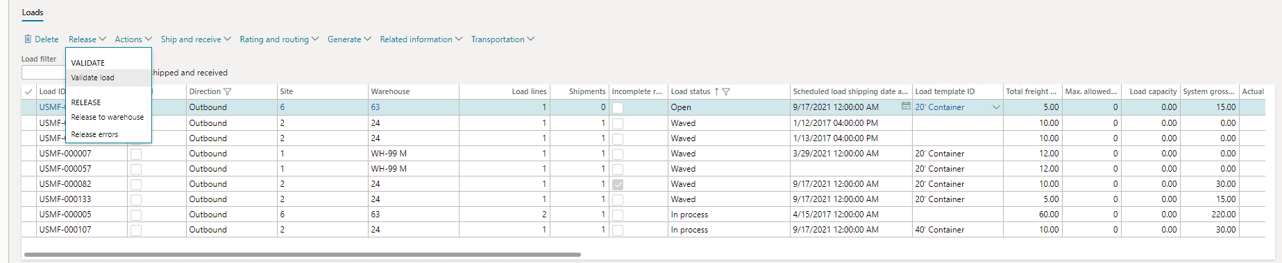 click on Release / Release to Warehouse - transportation management system