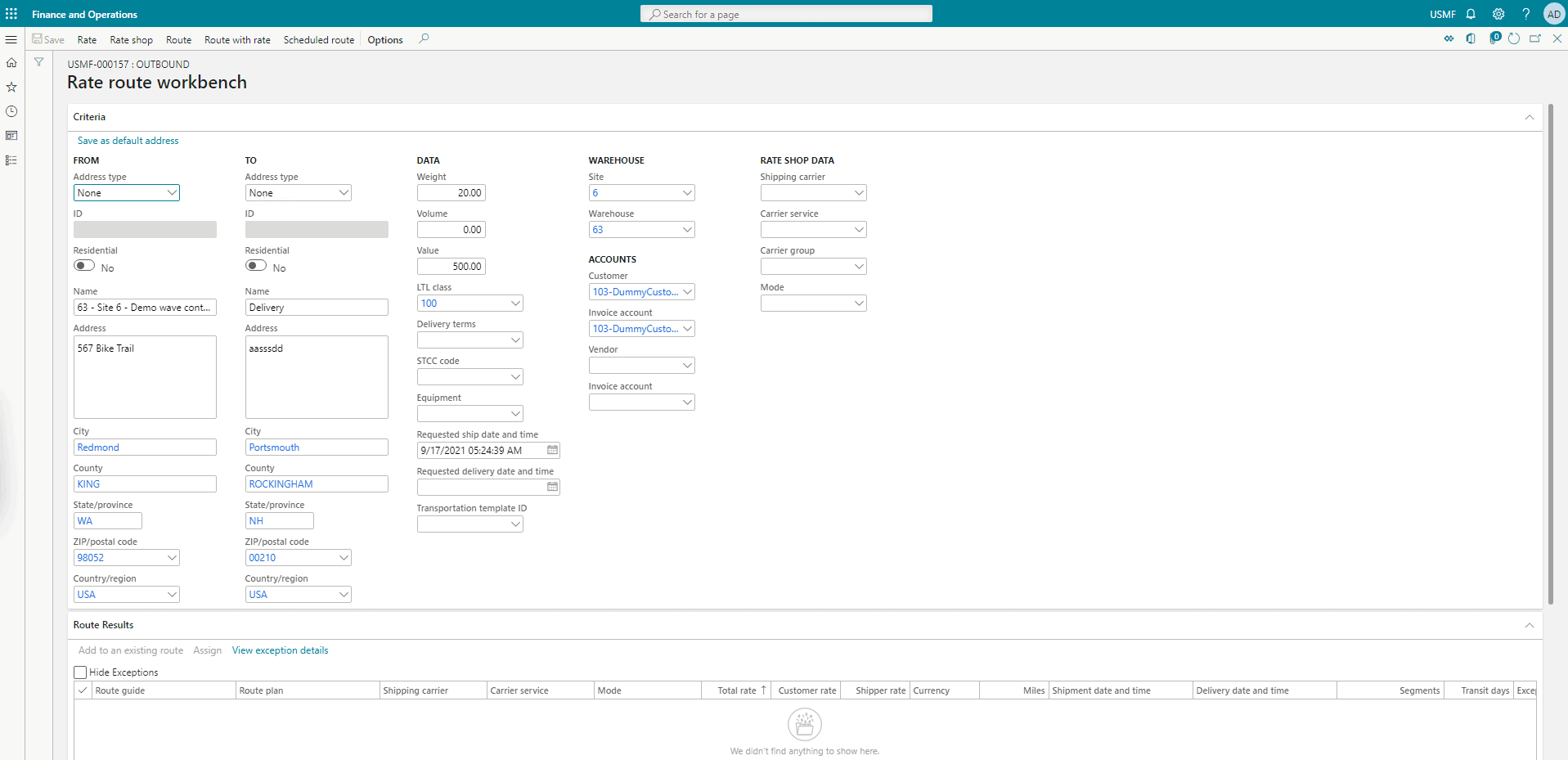 Rate route workbench - transportation management system