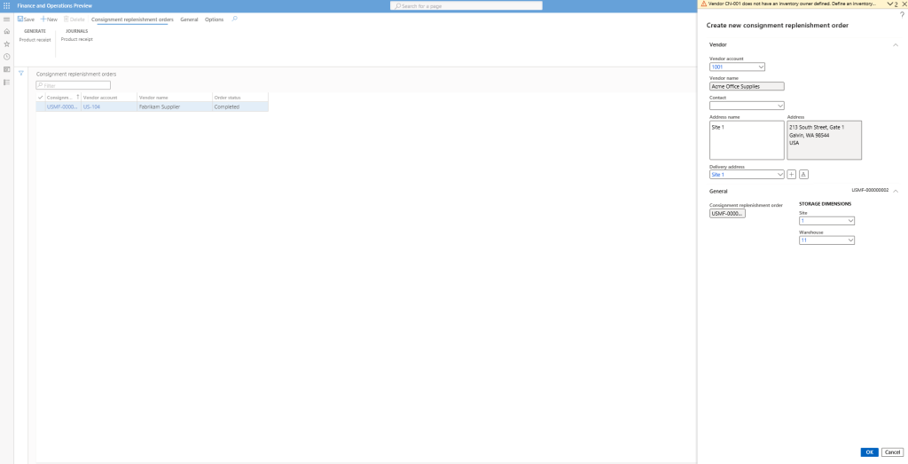 Consignment Inventory: Create Consignment Replenishment Order
